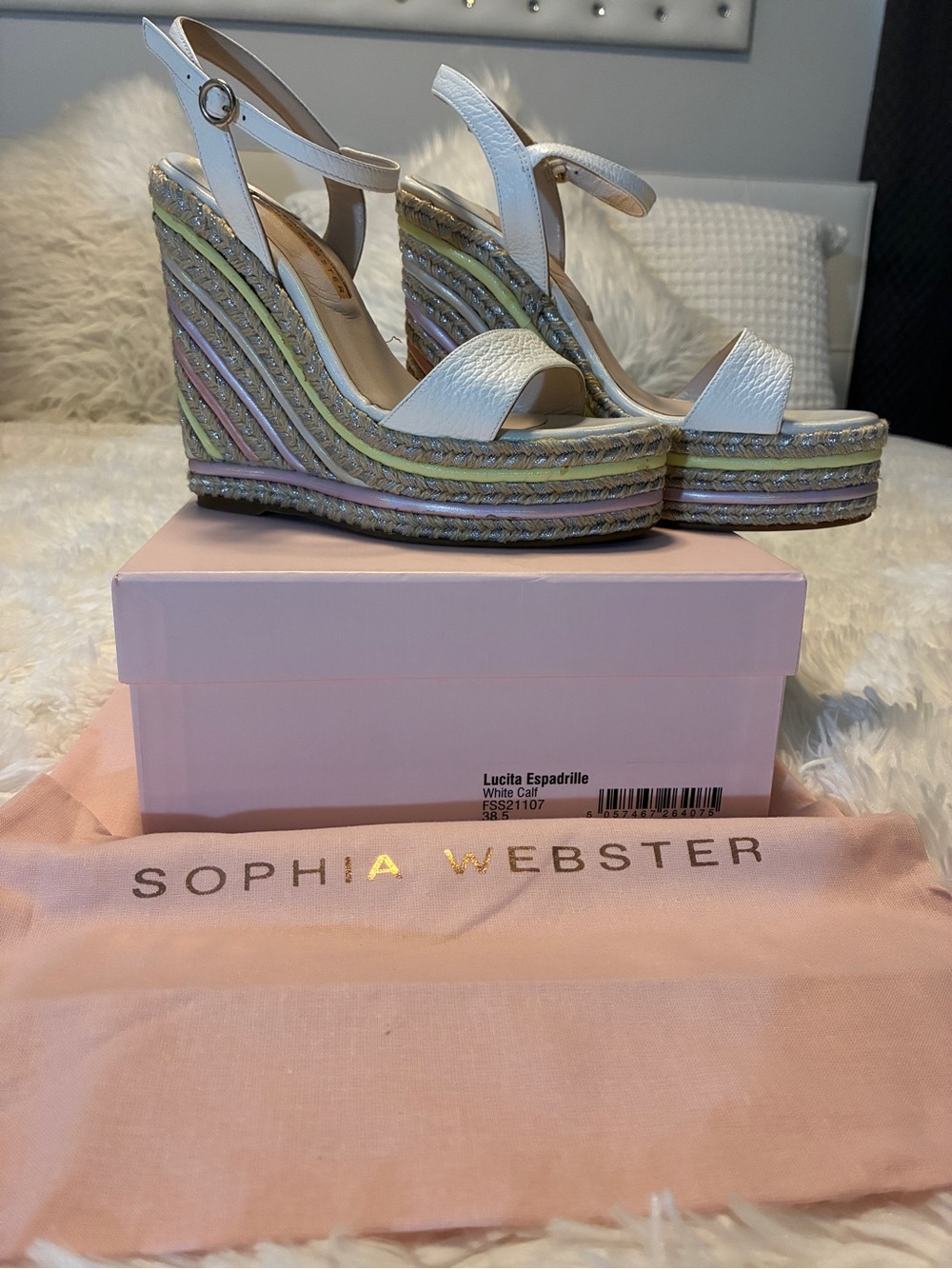 Sophia Webster White Multicolor Braided Espadrille Wedge Sandals